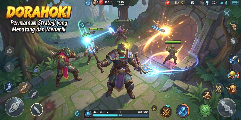Screenshot gameplay DORAHOKI dengan pertarungan strategis yang menarik.